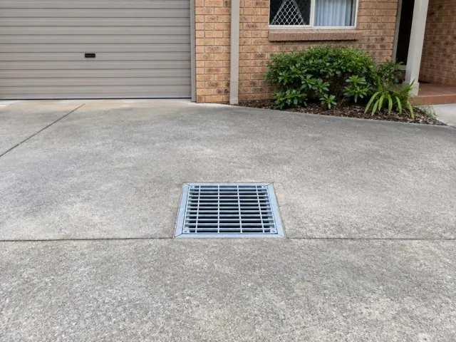 Concrete driveway with a square drain grate beside a brick house and garage in Charlestown