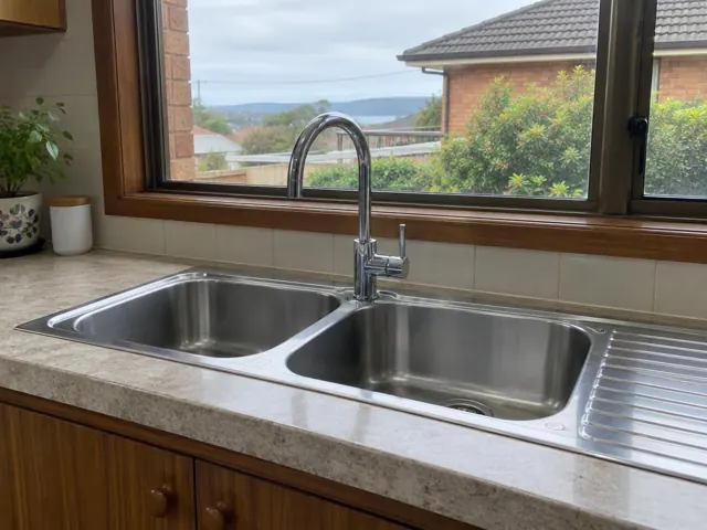 Double kitchen sink with chrome mixer tap in a tiled benchtop kitchen by a window in Charlestown